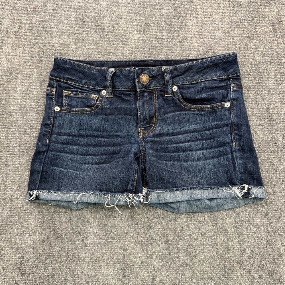 American Eagle Womens Denim Shorts Sz 6 Midi Dark Wash Stretch Cutoff Raw Hem